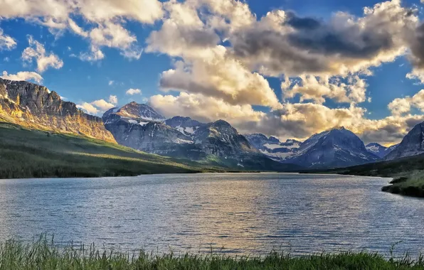 Облака, горы, озеро, Монтана, Glacier National Park, Montana, Lake Sherburne