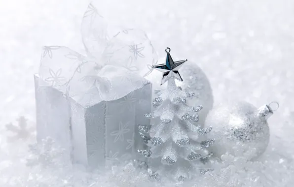 Зима, шарики, ленты, коробка, подарок, Новый Год, Рождество, белая