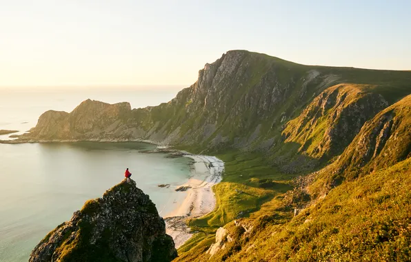 Sea, sunset, sunrise, person, sun rays, cliff