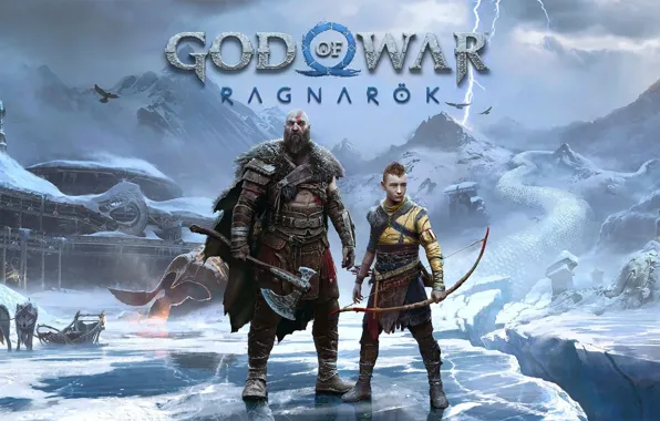God of war, weapon, kratos, snow, blow, man, boy, wolf