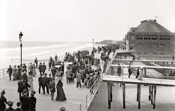 Море, ретро, люди, США, набережная, Нью-Джерси, 1900-й год, Атлантик-Сити