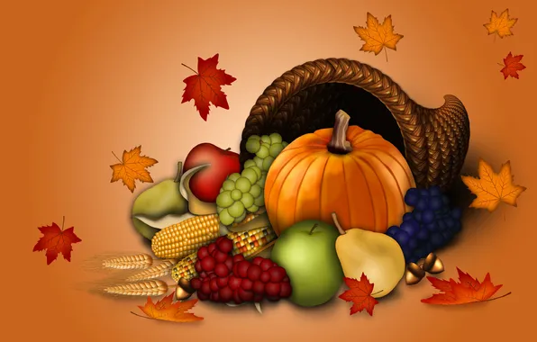 Картинка осень, листья, коллаж, яблоко, кукуруза, тыква, груша, фрукты