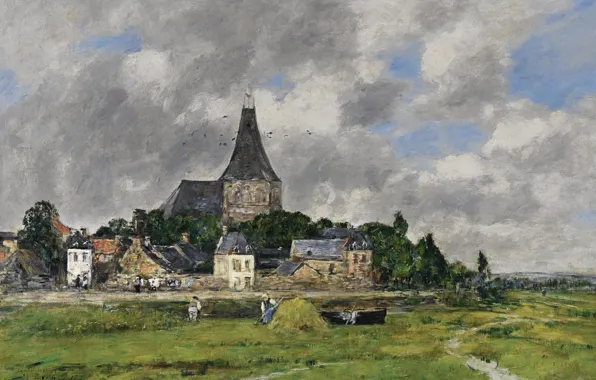 Пейзаж, дома, картина, Эжен Буден, Eugene Boudin, Кийбёф-Сюр-Сена. Церковь на Канале
