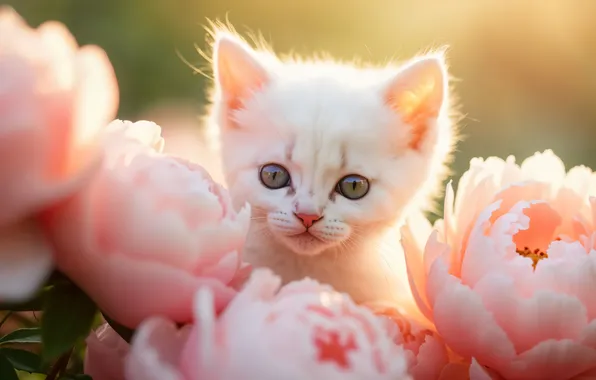 Кошка, белый, взгляд, свет, цветы, поза, котенок, портрет