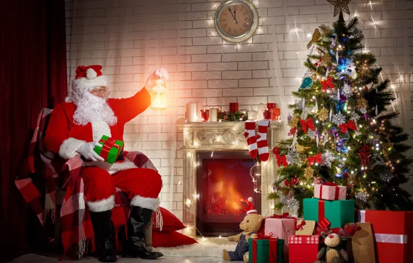 Картинка украшения, праздник, елка, новый год, подарки, камин, санта клаус, фанарик