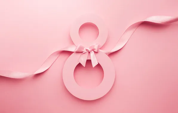 Цифра, лента, happy, розовый фон, 8 марта, pink, background, number