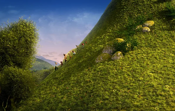 Картинка трава, деревья, мультфильм, гора, гномы, приключение, 7-ой гном, Der 7bte Zwerg