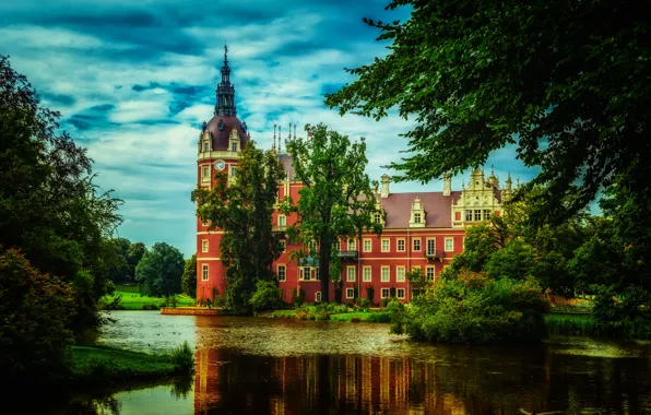 Зелень, облака, деревья, пруд, парк, замок, HDR, Германия