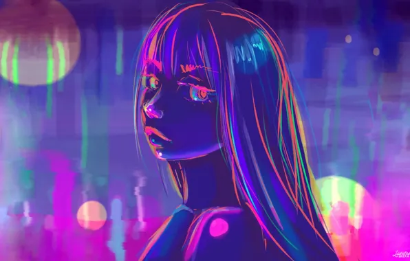 Девушка, Рисунок, Неон, Арт, Neon, by Danielle Stephens, Danielle Stephens