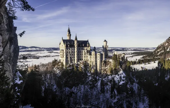 Картинка зима, снег, замок, башни, Neuschwanstein Castle