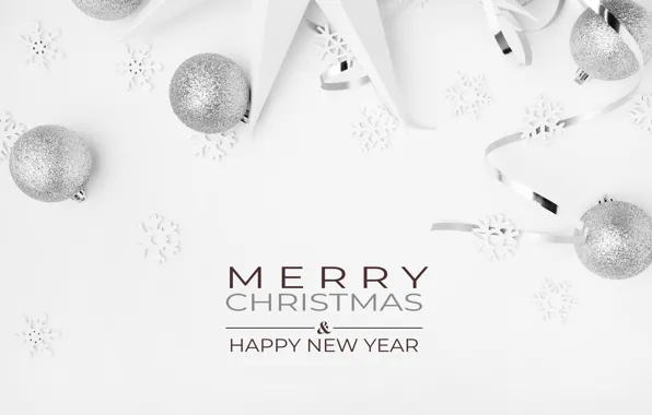Картинка шарики, снежинки, надпись, серебро, Рождество, белый фон, Новый год, серебристые