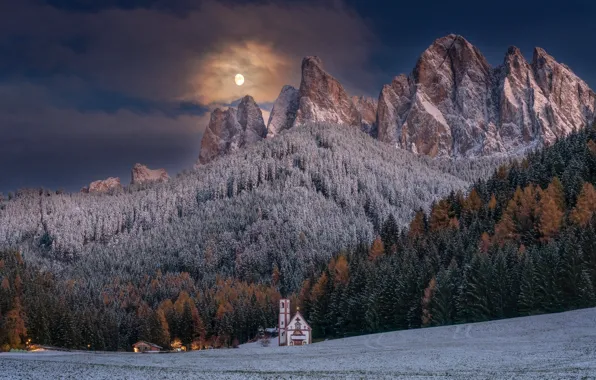 Картинка осень, лес, горы, Италия, церковь, Italy, Доломитовые Альпы, Южный Тироль