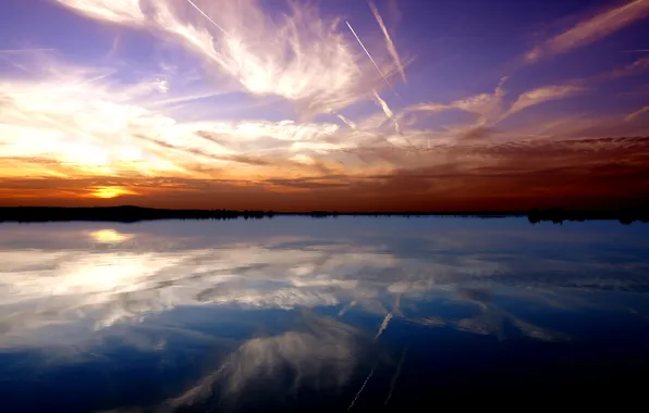 Картинка небо, вода, озеро, река, обои, пейзажи, красота, закат солнца
