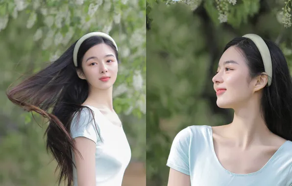 Beautiful, Asian, Model, Tree, Flowers, Smile, Woman, Cute