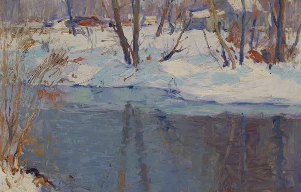 Картинка пейзаж, природа, картина, Emile Albert Gruppe, Поток Зимой