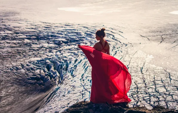 Девушка, ледник, Аляска, Alaska, красное платье, Kenai Fjords National Park, Harding Icefield, Kenai Mountains