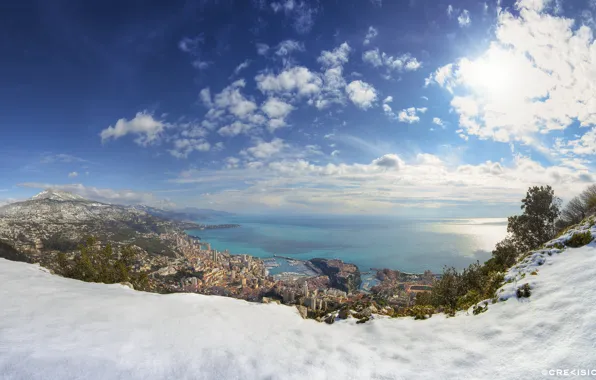 Картинка зима, море, снег, города, дома, монако