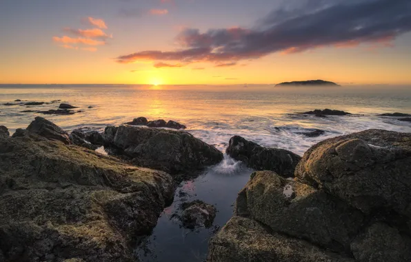 Картинка солнце, камни, океан, рассвет, утро, Новая Зеландия, горизонт, Waikato