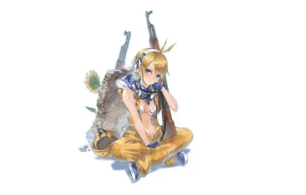 Кеды, наушники, белый фон, перчатки, vocaloid, сидит, комбинезон, Kagamine Rin