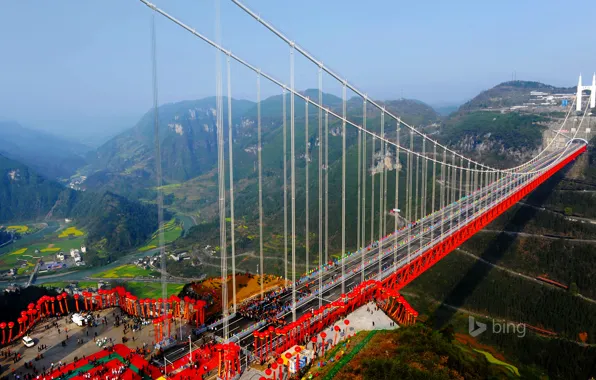 Картинка лес, небо, горы, мост, река, Китай, Aizhai Bridge, провинция Хунань