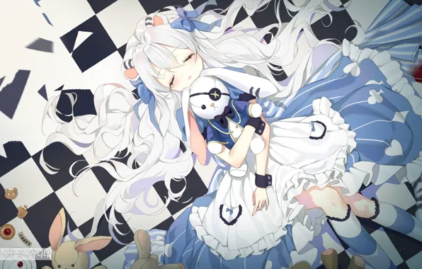 Спит, Кролики, Алиса, Девочка, Арт, Alise in wonderland