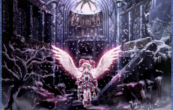 Картинка зима, девушка, ангел, аниме, развалины, Card Captor Sakura