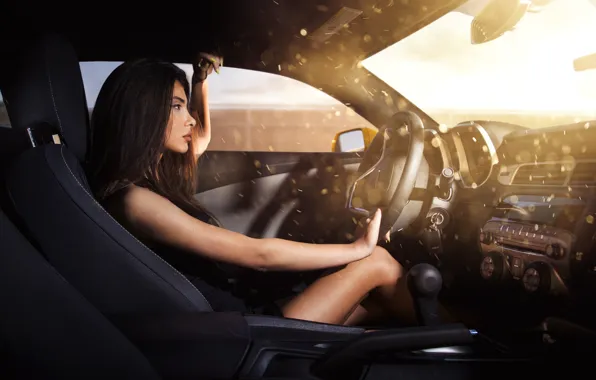 Картинка свет, брюнетка, профиль, автомобиль, салон