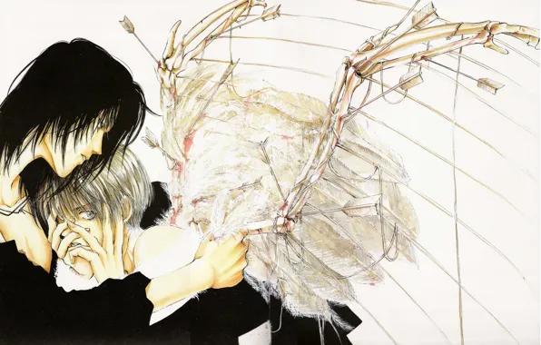 Крылья, перья, объятия, стрелы, черные волосы, angel sanctuary, Обитель ангела, Setsuna Mudo