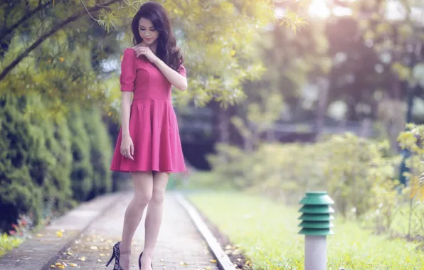 Картинка дерево, дорожка, азиатка, длинные волосы, long hair, tree, asian, path