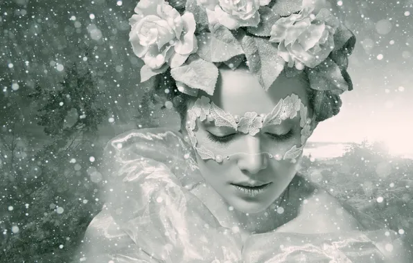 Картинка зима, девушка, цветы, стиль, настроение, розы, маска, чёрно-белая