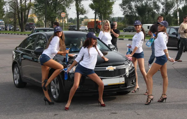 Девушка, Девушки, Chevrolet, кепки, черный авто
