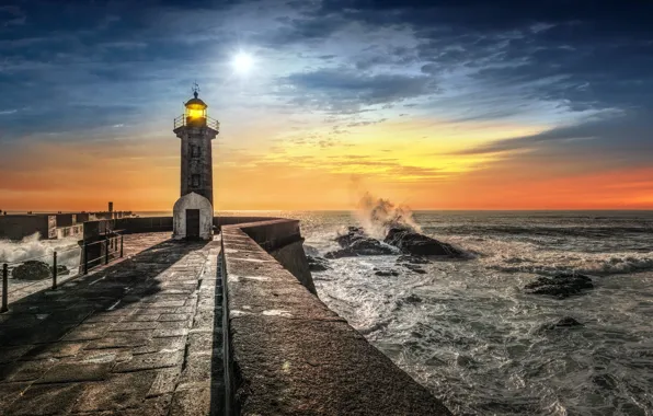 Море, закат, маяк, Portugal, Porto, Foz do Douro (Mouth of the Douro)