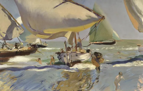 Картина, парус, Хоакин Соролья, Joaquin Sorolla y Bastida, Лодки на Берегу