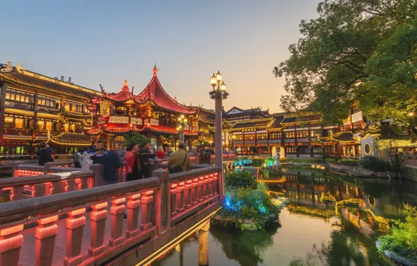 Картинка город, вечер, сад, освещение, фонари, Китай, Шанхай, Yu Garden