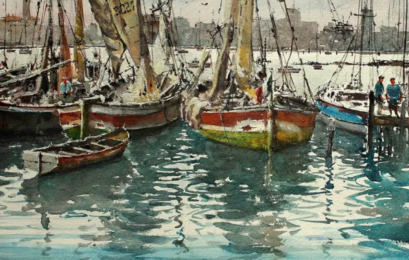 Картинка картина, яхты, лодки, акварель, парус, гавань, морской пейзаж, Максимилиан Дамико