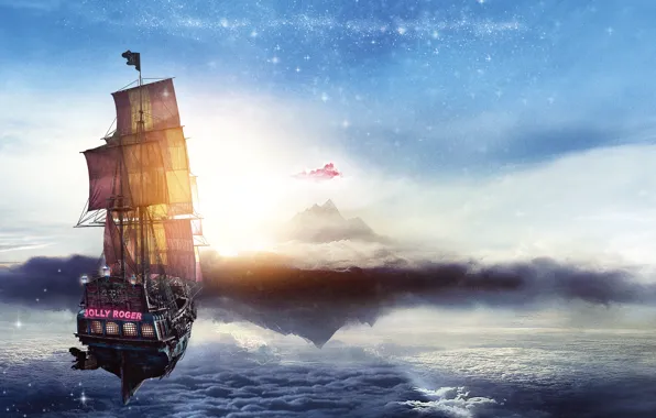 Море, небо, облака, корабль, фэнтези, пираты, Веселый Роджер, приключения