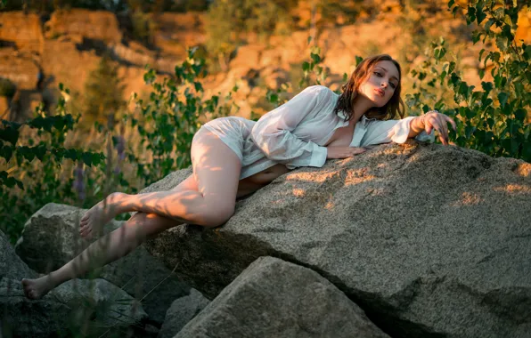 Nature, boobs, barefoot, rocks, model, women, brunette, plants