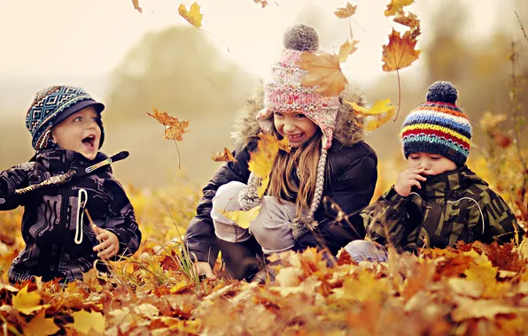 Осень, листья, дети, позитив, улыбки, Настроения
