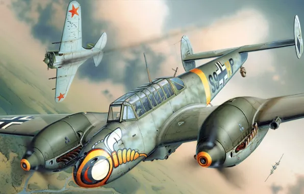Рисунок, арт, Messerschmitt, Истребитель-бомбардировщик, Люфтваффе, Zerstörer, двухмоторный тяжелый истребитель, Bf 110E