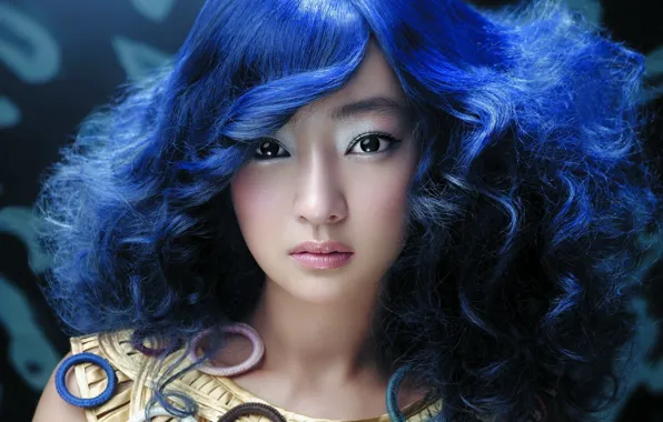 Девушка, лицо, азиатка, синие волосы