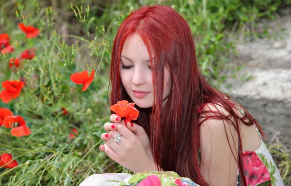 Цветы, природа, настроение, милая, Девушка, Girl, красавица, рыжая