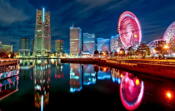 Колесо обозрения, Tokyo, Japan, отражение в воде, огни ночного города