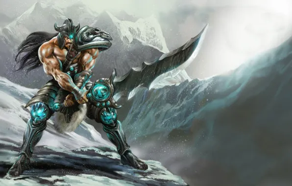 Картинка снег, горы, оружие, меч, доспехи, воин, мужчина, league of legends