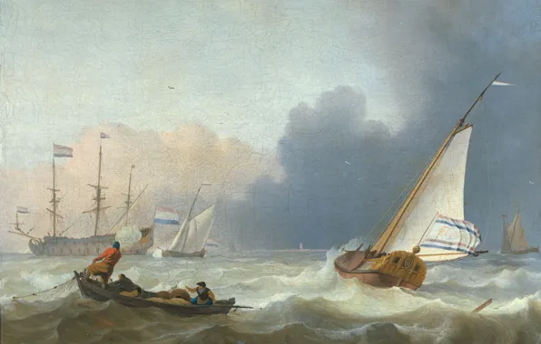 Масло, картина, холст, морской пейзаж, Людольф Бакхёйзен, Ludolf Bakhuizen, 1694, Бурное море с голландской яхтой …