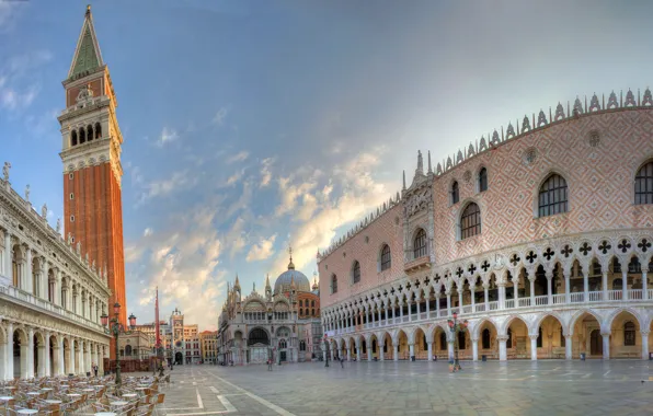 Картинка Италия, панорама, Венеция, кафе, Italy, Venice, колокольная башня, Кампанила