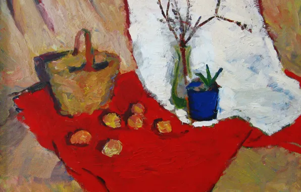 Картинка корзина, 2006, ваза, натюрморт, красная ткань, белая ткань, Пётр Петяев, синий горшок