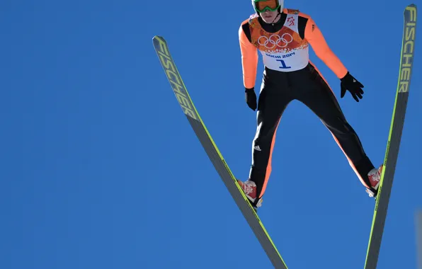 Картинка небо, лыжи, полёт, прыжки с трамплина, РОССИЯ, Сочи 2014, XXII Зимние Олимпийские Игры, Sochi 2014