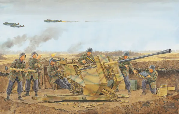 Картинка небо, рисунок, выстрелы, позиция, орудие, немецкое, самолёты.Вторая мировая война, Flak 37