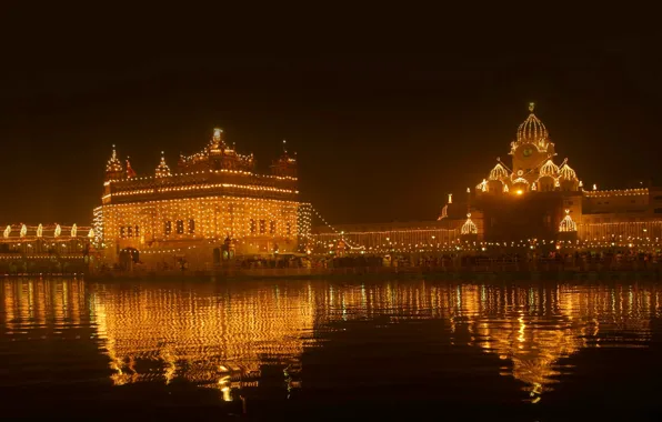 Картинка ночь, огни, Индия, Амритсар, Золотой храм, Пенджаб, фестиваль света