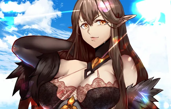 Girl, sexy, cleavage, blouse, long hair, brown hair, boobs, anime